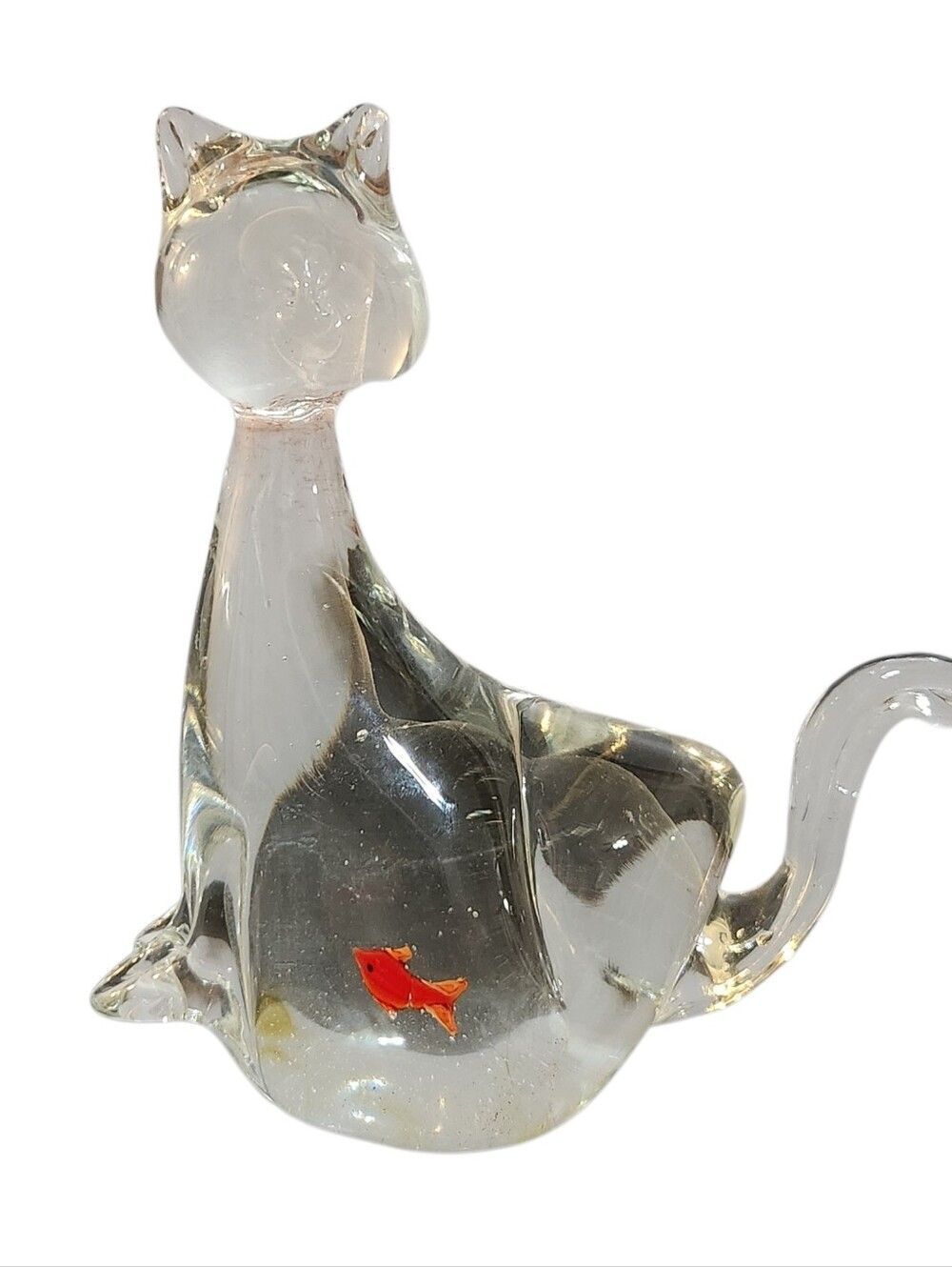 MCM Glass Cat with Orange Fish in Belly Vintage 6.5 inches Tall Paperweight